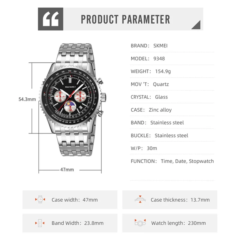 SKMEI 9348 Multifunctional Quartz Watch Three Small Dials Stainless Steel Band Waterproof Watch - Blue