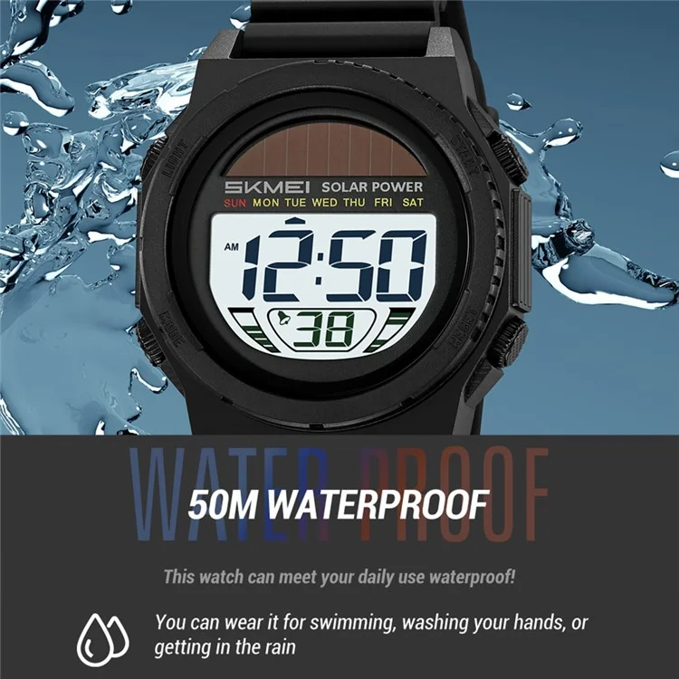 SKMEI 2358 Solar Powered Digital Watch Electronic Waterproof Sports Wristwatch with EL Backlight - Black / Black Dial