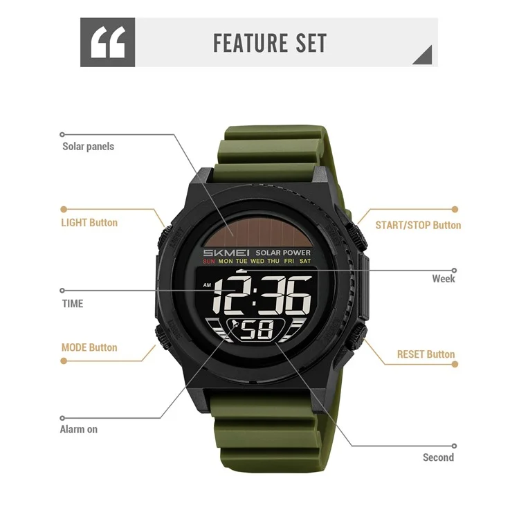 SKMEI 2358 Solar Powered Digital Watch Electronic Waterproof Sports Wristwatch with EL Backlight - Black / Black Dial
