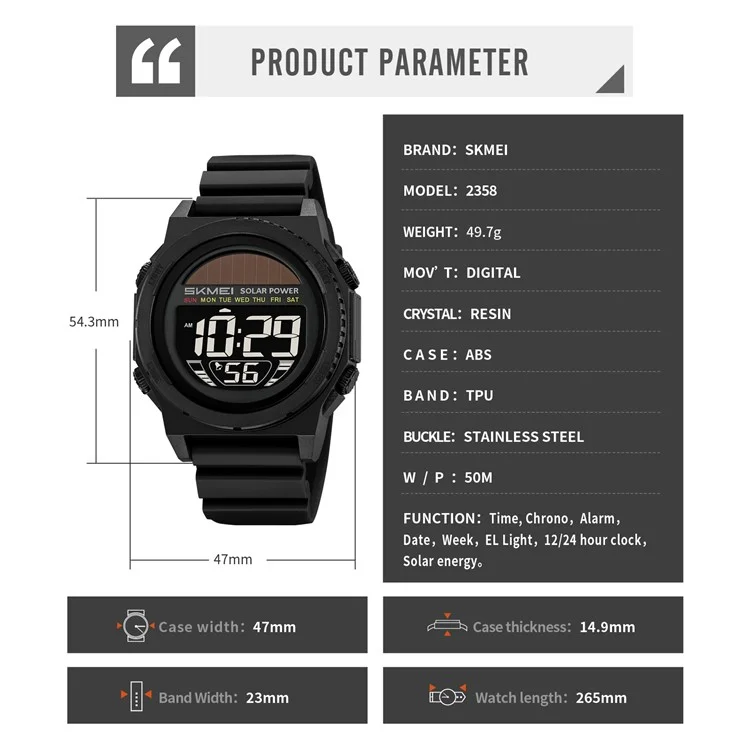 SKMEI 2358 Solar Powered Digital Watch Electronic Waterproof Sports Wristwatch with EL Backlight - Black / Black Dial