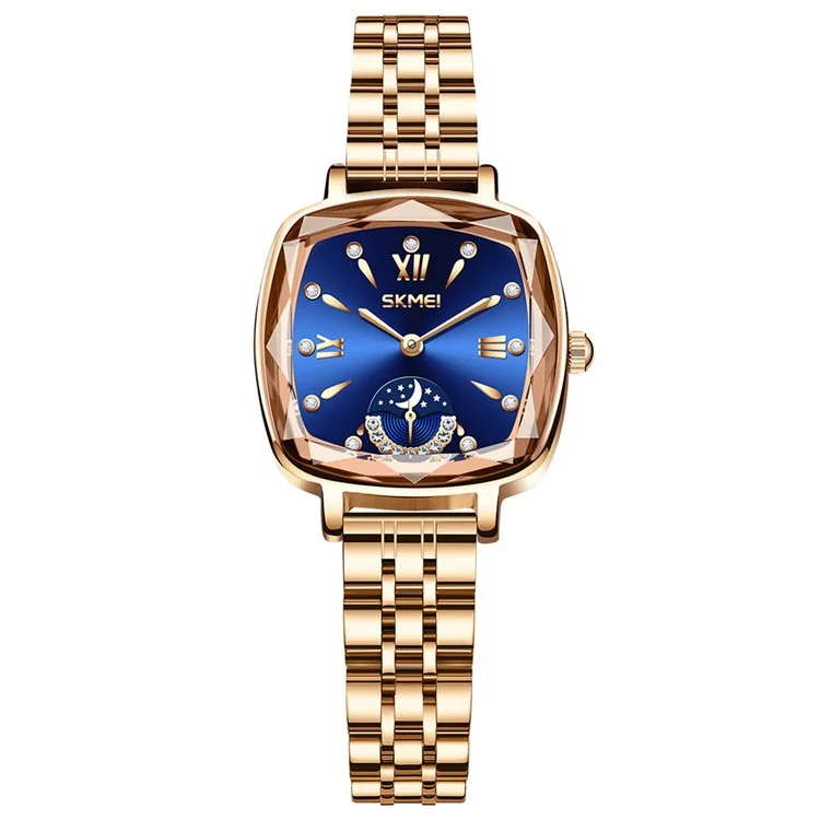 SKMEI 7090 Relógio de Quartzo Quadrado Feminino com Pulseira de Aço, Decoração de Strass de Luxo - Ouro Rosa + Azul