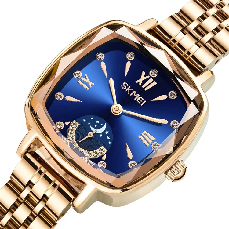 SKMEI 7090 Relógio de Quartzo Quadrado Feminino com Pulseira de Aço, Decoração de Strass de Luxo - Ouro Rosa + Azul