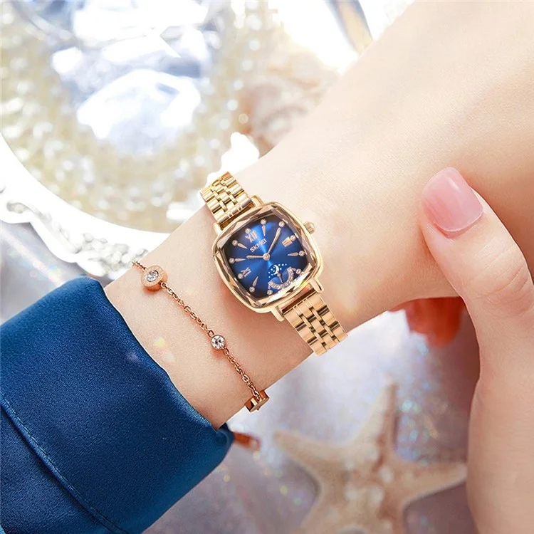 SKMEI 7090 Relógio de Quartzo Quadrado Feminino com Pulseira de Aço, Decoração de Strass de Luxo - Ouro Rosa + Azul