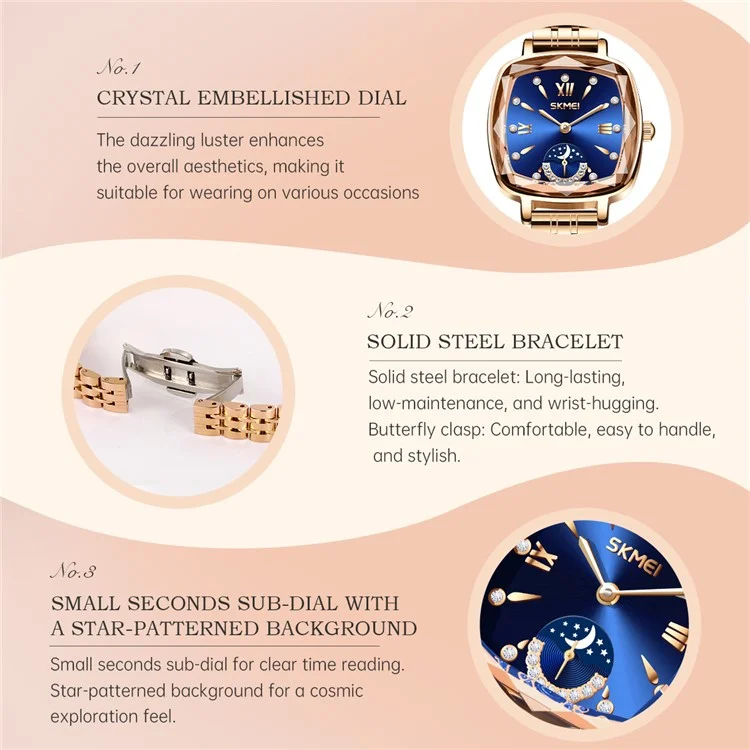 SKMEI 7090 Relógio de Quartzo Quadrado Feminino com Pulseira de Aço, Decoração de Strass de Luxo - Ouro Rosa + Azul