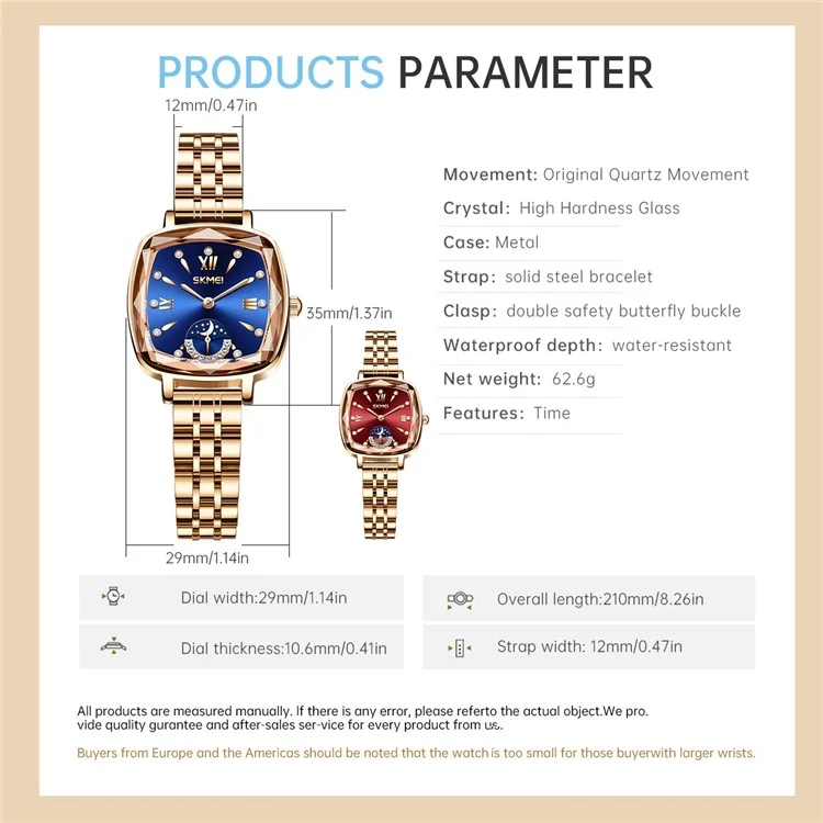 SKMEI 7090 Relógio de Quartzo Quadrado Feminino com Pulseira de Aço, Decoração de Strass de Luxo - Ouro Rosa + Azul
