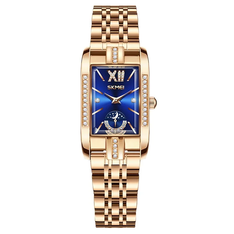 SKMEI 7092 Square Quartz Watch with Rhinestone Decor Steel Band Analog Display Women Wristwatch - Rose Gold+Blue