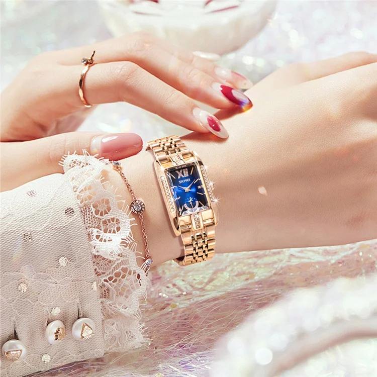 SKMEI 7092 Square Quartz Watch with Rhinestone Decor Steel Band Analog Display Women Wristwatch - Rose Gold+Blue