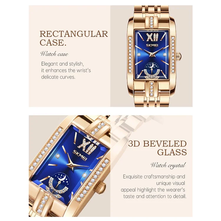 SKMEI 7092 Square Quartz Watch with Rhinestone Decor Steel Band Analog Display Women Wristwatch - Rose Gold+Blue
