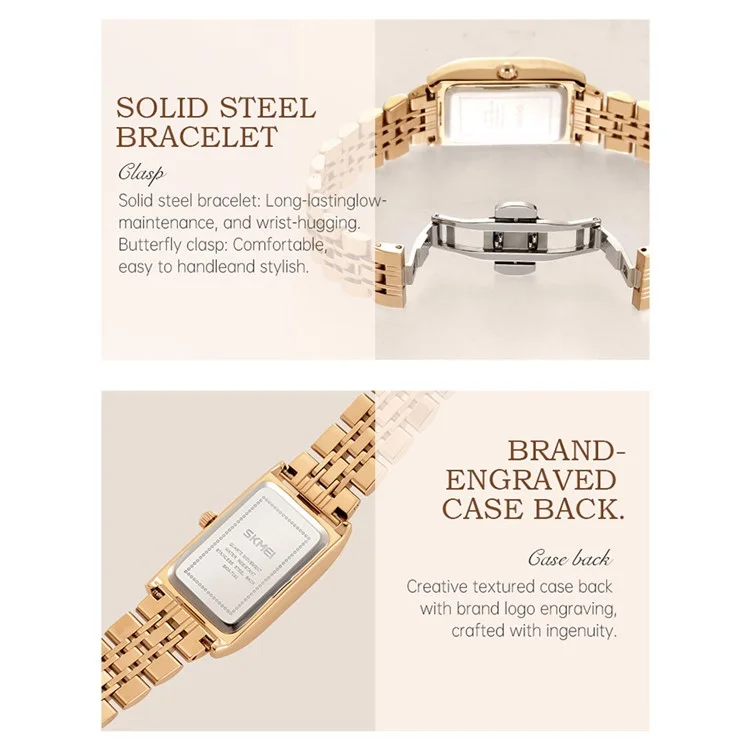 SKMEI 7092 Square Quartz Watch with Rhinestone Decor Steel Band Analog Display Women Wristwatch - Rose Gold+Blue