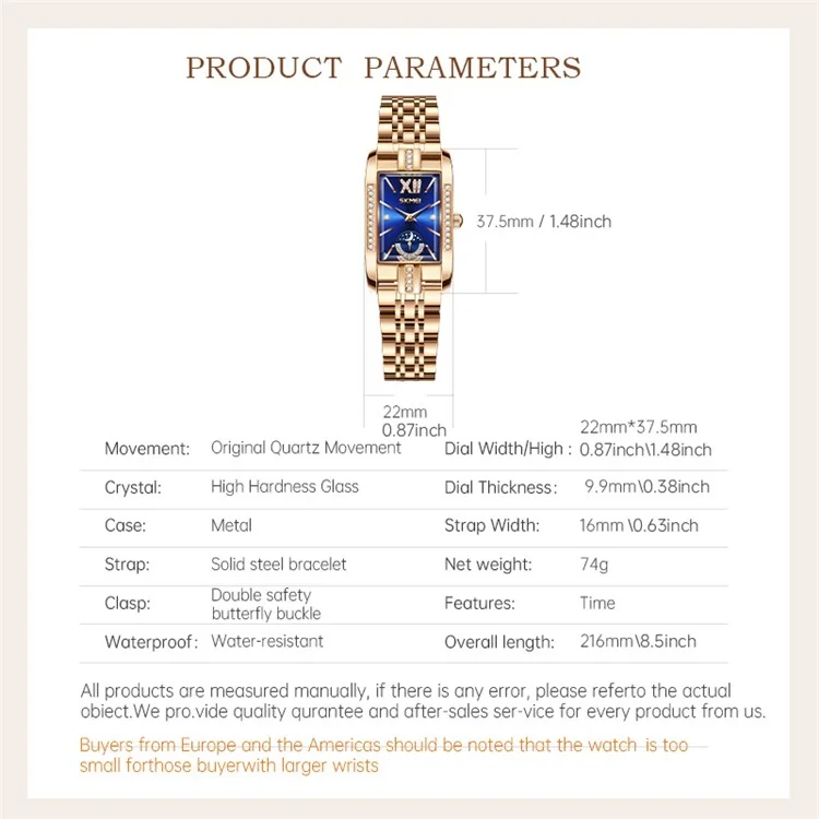SKMEI 7092 Square Quartz Watch with Rhinestone Decor Steel Band Analog Display Women Wristwatch - Rose Gold+Blue