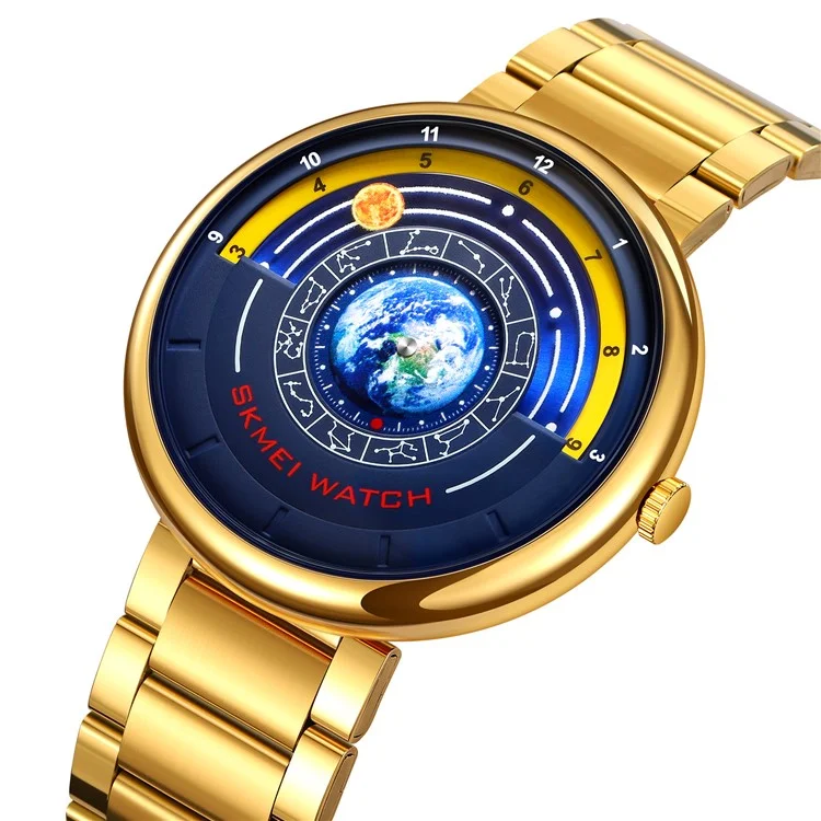 SKMEI 2361 Creative Planet Pattern Quartz Watch 30m Waterproof Steel Band Round Dial Wristwatch - Gold