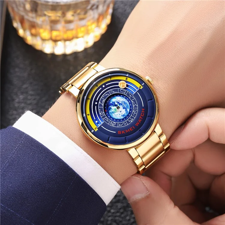 SKMEI 2361 Creative Planet Pattern Quartz Watch 30m Waterproof Steel Band Round Dial Wristwatch - Gold