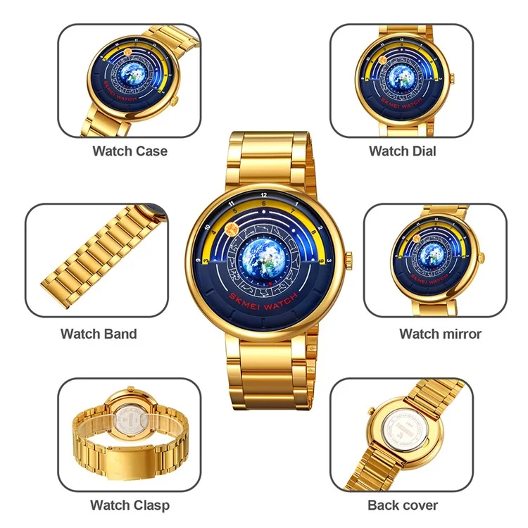 SKMEI 2361 Creative Planet Pattern Quartz Watch 30m Waterproof Steel Band Round Dial Wristwatch - Gold