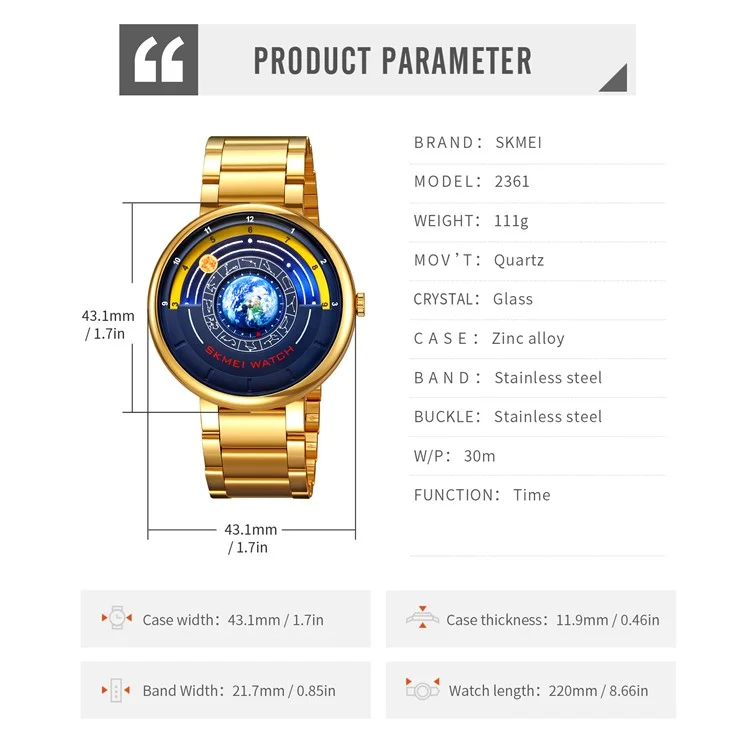 SKMEI 2361 Creative Planet Pattern Quartz Watch 30m Waterproof Steel Band Round Dial Wristwatch - Gold