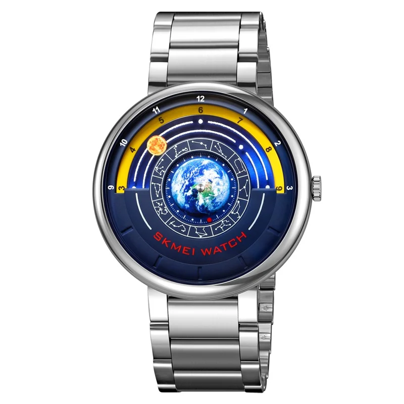 SKMEI 2361 Creative Planet Pattern Quartz Watch 30m Waterproof Steel Band Round Dial Wristwatch - Silver