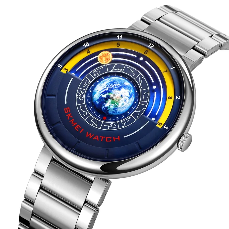 SKMEI 2361 Creative Planet Pattern Quartz Watch 30m Waterproof Steel Band Round Dial Wristwatch - Silver
