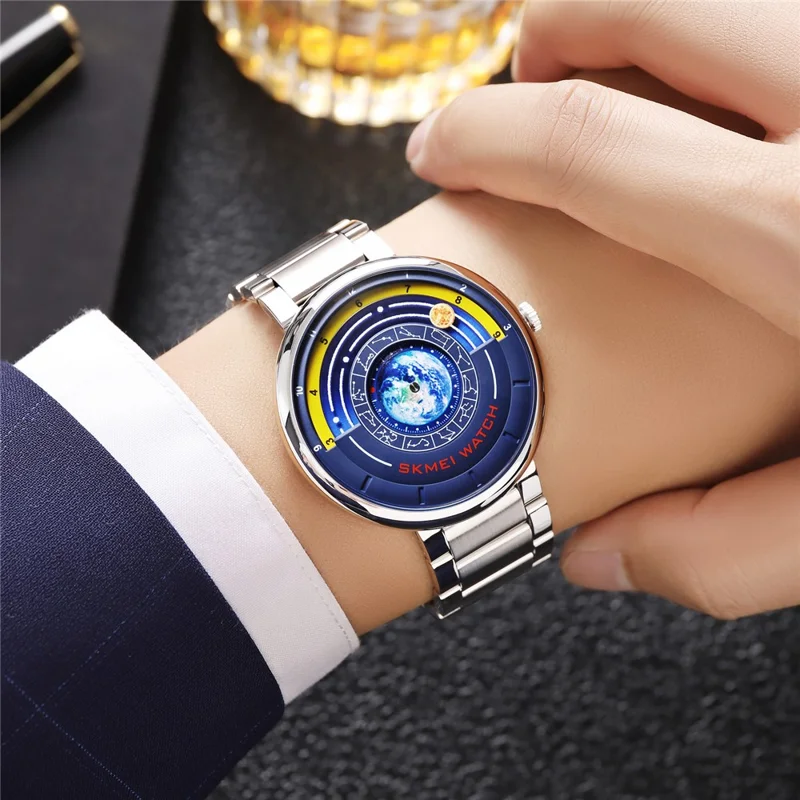 SKMEI 2361 Creative Planet Pattern Quartz Watch 30m Waterproof Steel Band Round Dial Wristwatch - Silver
