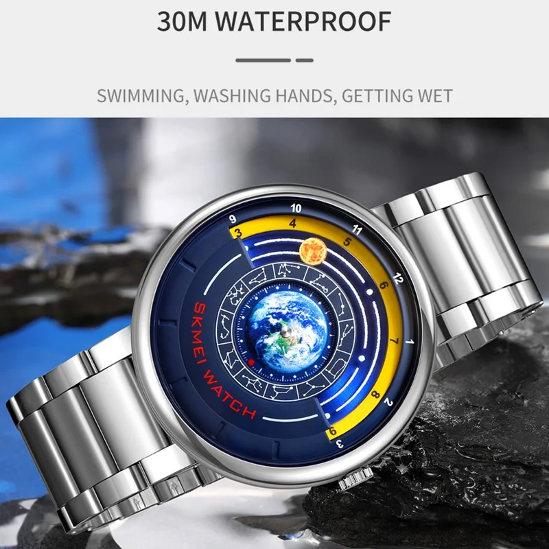 SKMEI 2361 Creative Planet Pattern Quartz Watch 30m Waterproof Steel Band Round Dial Wristwatch - Silver