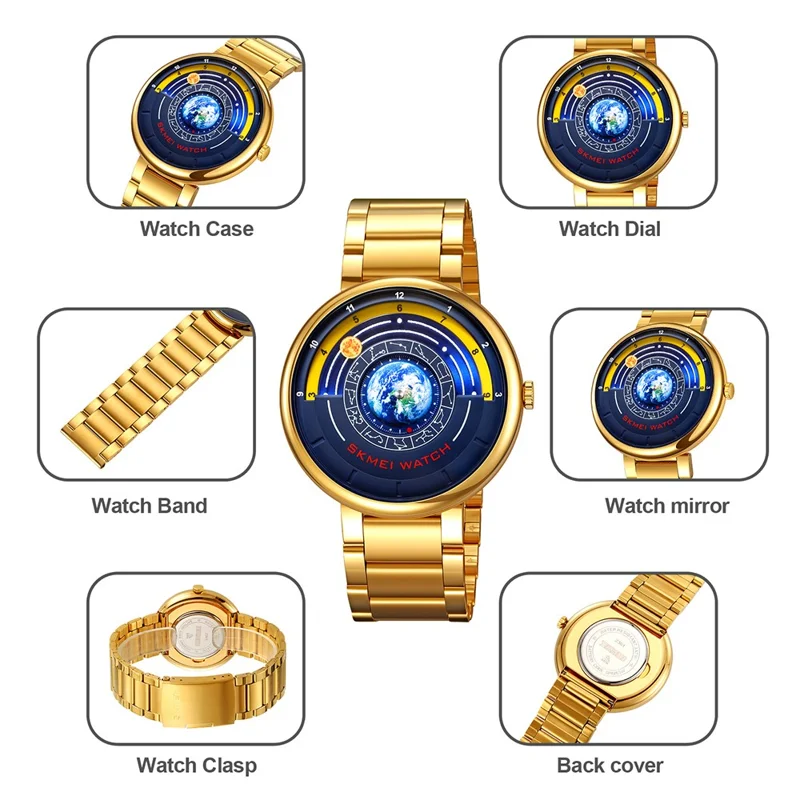 SKMEI 2361 Creative Planet Pattern Quartz Watch 30m Waterproof Steel Band Round Dial Wristwatch - Silver