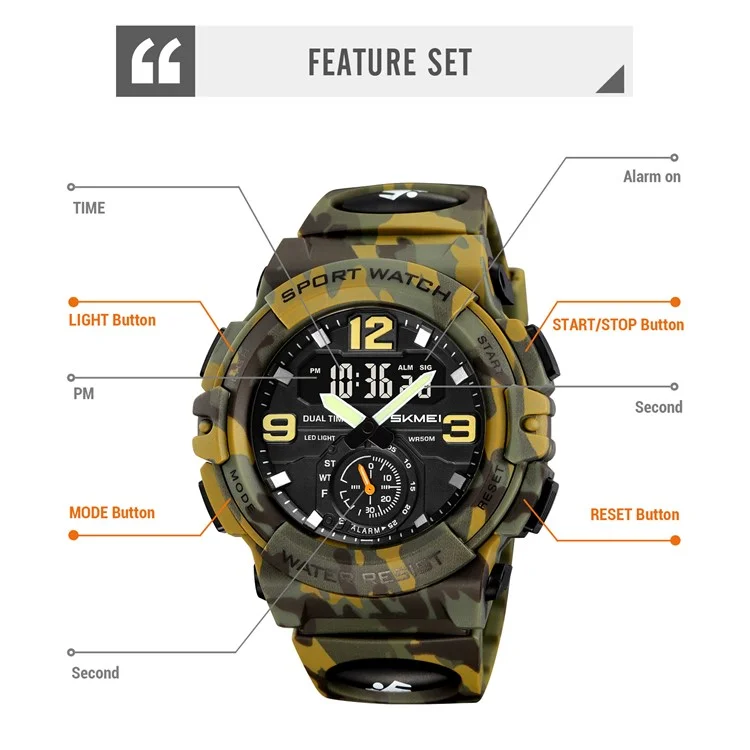 Relógio Esportivo Digital SKMEI 2341 com Design Camuflado, à Prova d'Água e Luz de Fundo LED - Preto