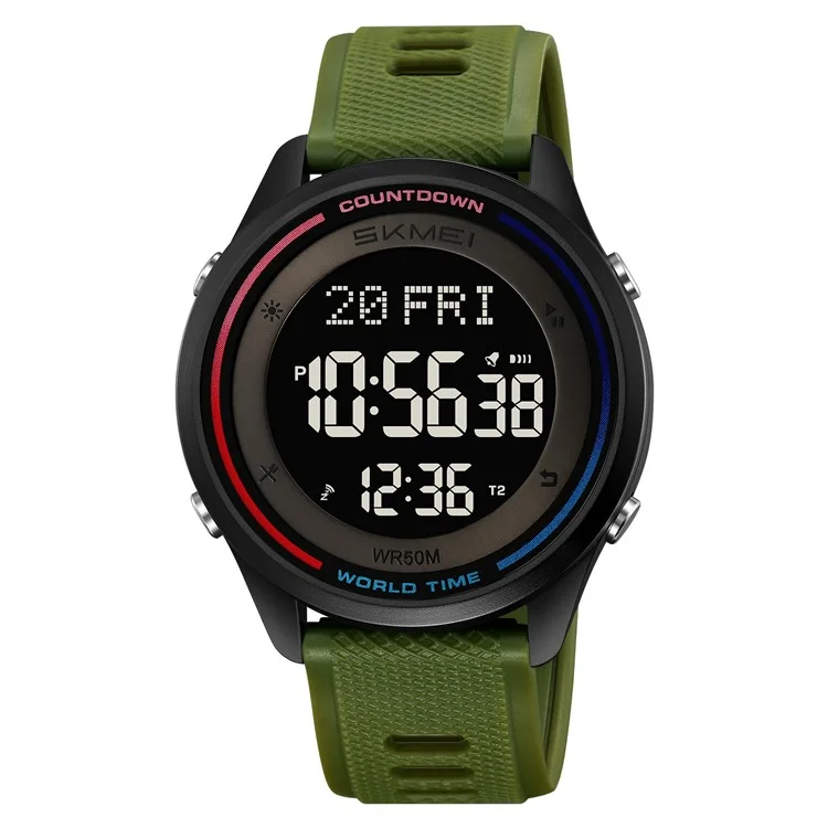 SKMEI 2348 Digital Watch for Students World Time Stopwatch Countdown Timer Outdoor Electronic Wristwatch - Army Green
