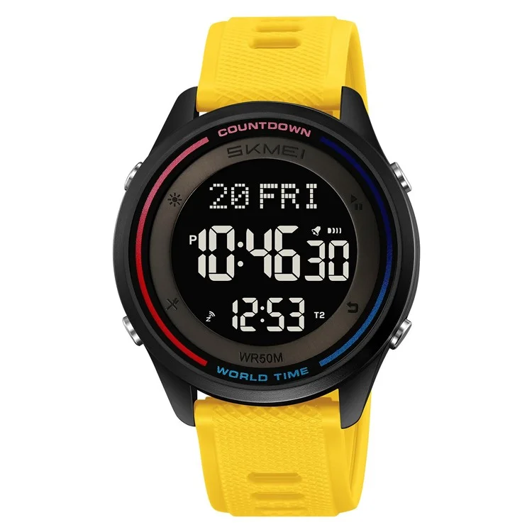 SKMEI 2348 Digital Watch for Students World Time Stopwatch Countdown Timer Outdoor Electronic Wristwatch - Yellow