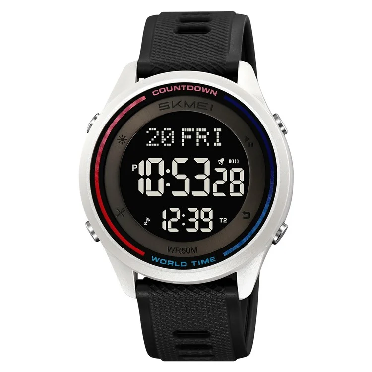 SKMEI 2348 Digital Watch for Students World Time Stopwatch Countdown Timer Outdoor Electronic Wristwatch - White