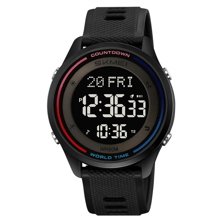SKMEI 2348 Digital Watch for Students World Time Stopwatch Countdown Timer Outdoor Electronic Wristwatch - Black