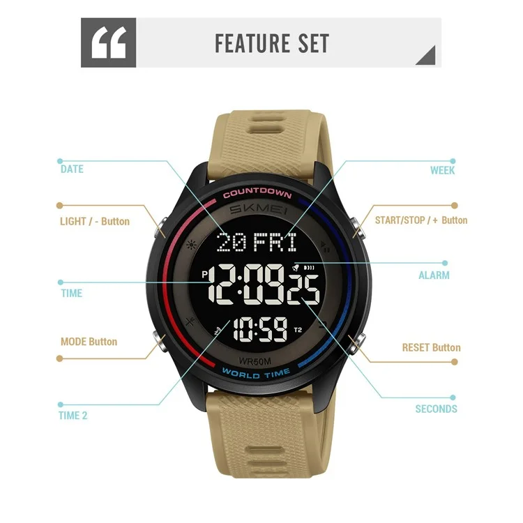 SKMEI 2348 Digital Watch for Students World Time Stopwatch Countdown Timer Outdoor Electronic Wristwatch - Black
