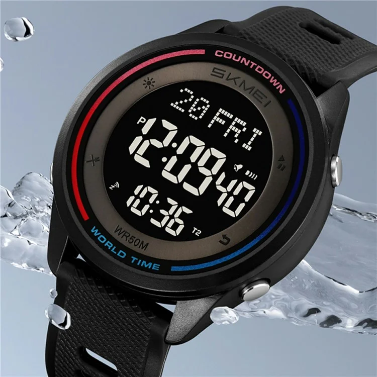 SKMEI 2348 Digital Watch for Students World Time Stopwatch Countdown Timer Outdoor Electronic Wristwatch - Black