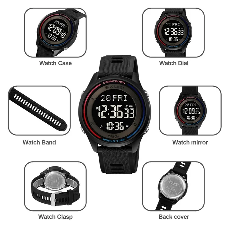 SKMEI 2348 Digital Watch for Students World Time Stopwatch Countdown Timer Outdoor Electronic Wristwatch - Black