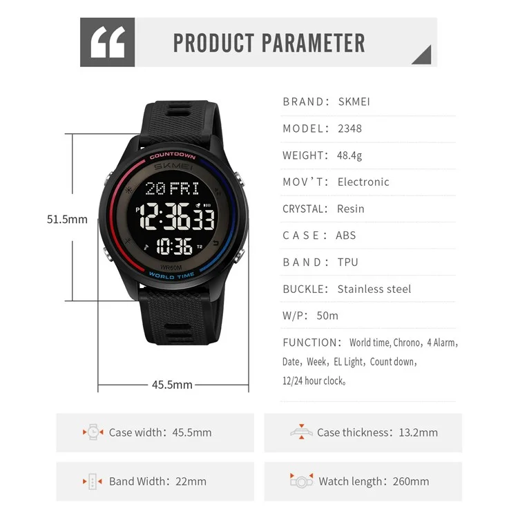 SKMEI 2348 Digital Watch for Students World Time Stopwatch Countdown Timer Outdoor Electronic Wristwatch - Black