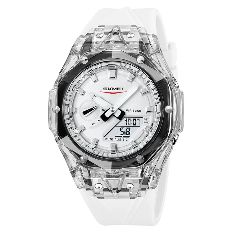 SKMEI 2411 Montre électronique multifonction Affichage numérique + analogique Boîtier transparent Montre-bracelet lumineuse - Blanc