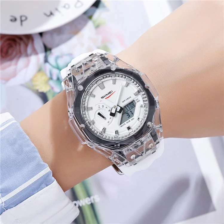 SKMEI 2411 Montre électronique multifonction Affichage numérique + analogique Boîtier transparent Montre-bracelet lumineuse - Blanc