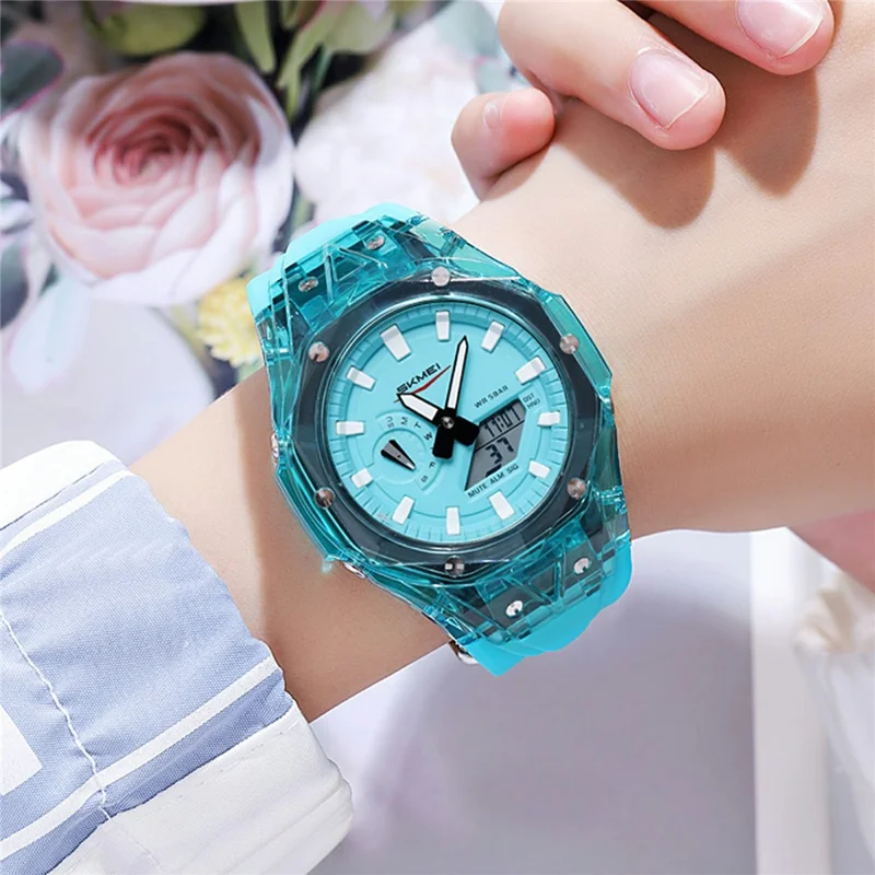 SKMEI 2411 Multifunction Electronic Watch Digital + Analog Display Transparent Case Luminous Wristwatch - Lake Blue