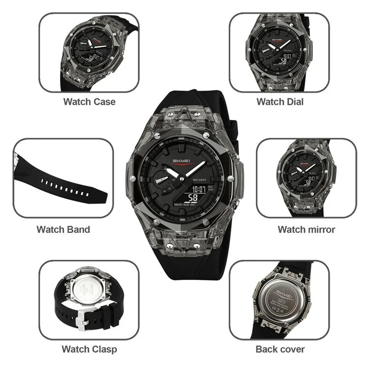 SKMEI 2411 Multifunction Electronic Watch Digital + Analog Display Transparent Case Luminous Wristwatch - Orange