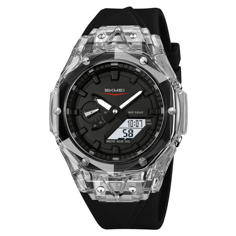 SKMEI 2411 Multifunction Electronic Watch Digital + Analog Display Transparent Case Luminous Wristwatch - Transparent White+Black