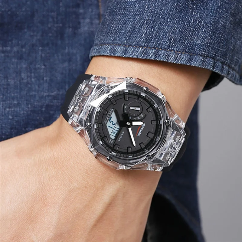 SKMEI 2411 Multifunction Electronic Watch Digital + Analog Display Transparent Case Luminous Wristwatch - Transparent White+Black