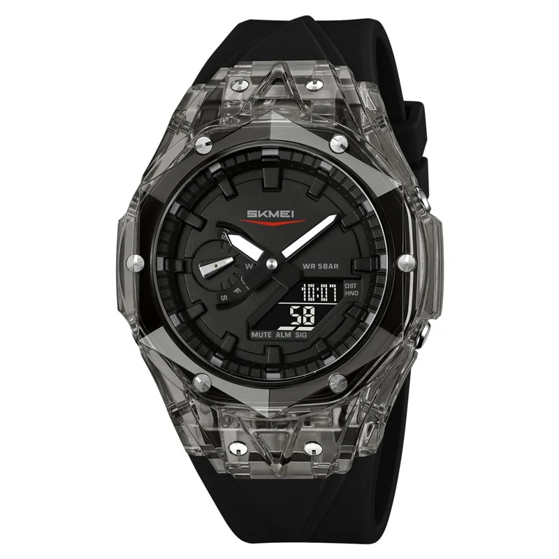 SKMEI 2411 Multifunction Electronic Watch Digital + Analog Display Transparent Case Luminous Wristwatch - Transparent Black+Black