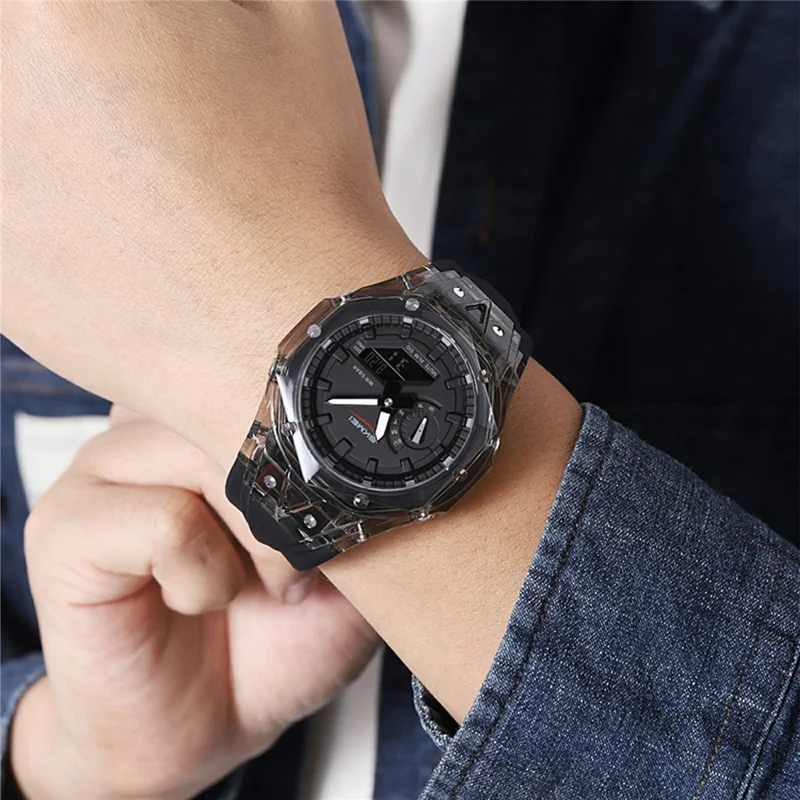 SKMEI 2411 Multifunction Electronic Watch Digital + Analog Display Transparent Case Luminous Wristwatch - Transparent Black+Black
