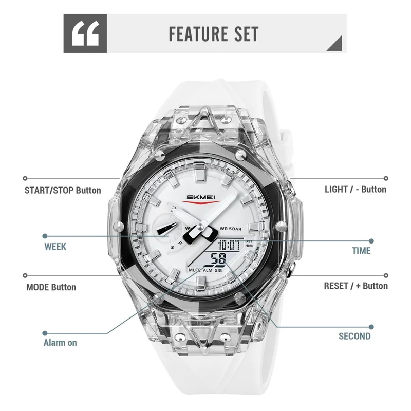 SKMEI 2411 Multifunction Electronic Watch Digital + Analog Display Transparent Case Luminous Wristwatch - Transparent Black+Black