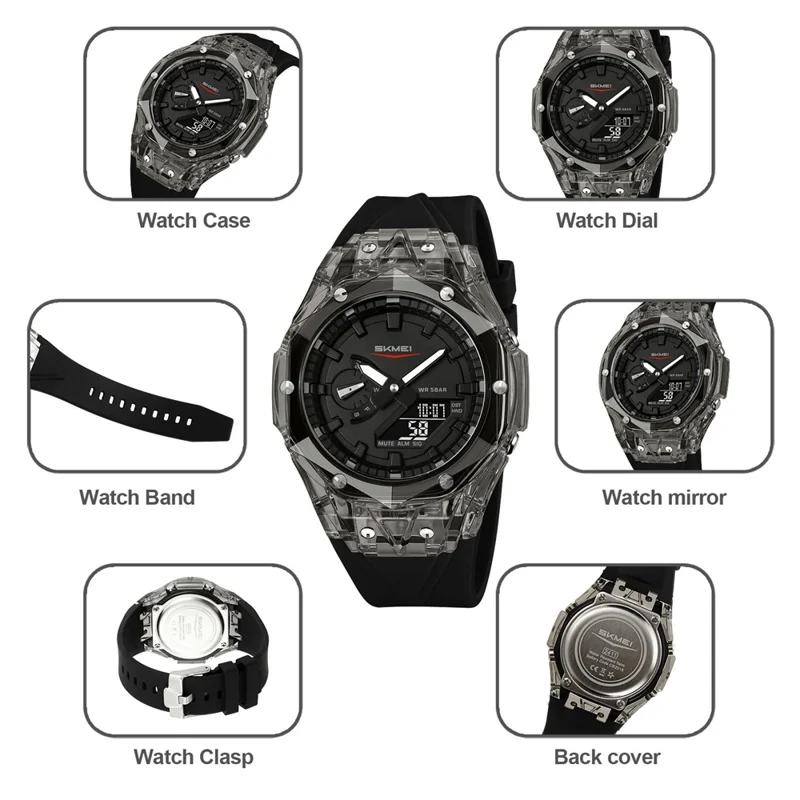 SKMEI 2411 Multifunction Electronic Watch Digital + Analog Display Transparent Case Luminous Wristwatch - Transparent Black+Black