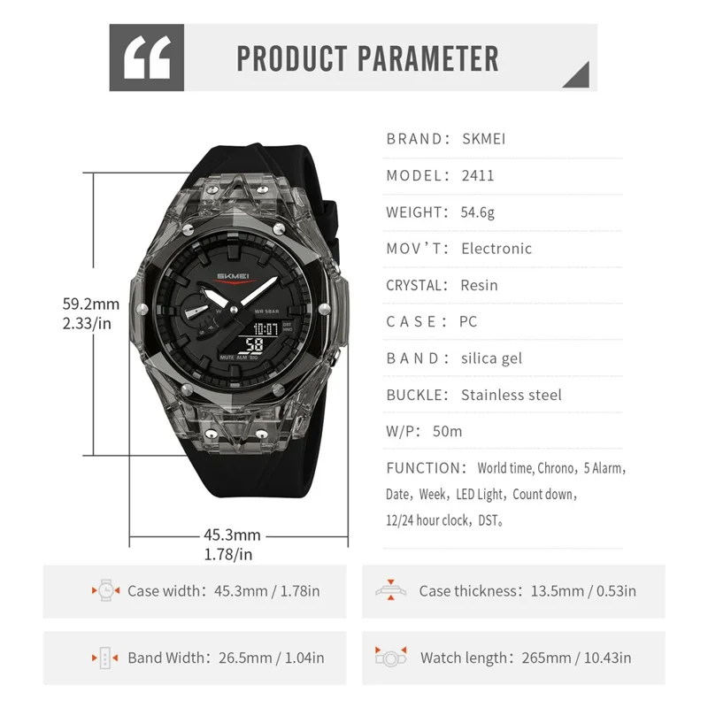 SKMEI 2411 Multifunction Electronic Watch Digital + Analog Display Transparent Case Luminous Wristwatch - Transparent Black+Black