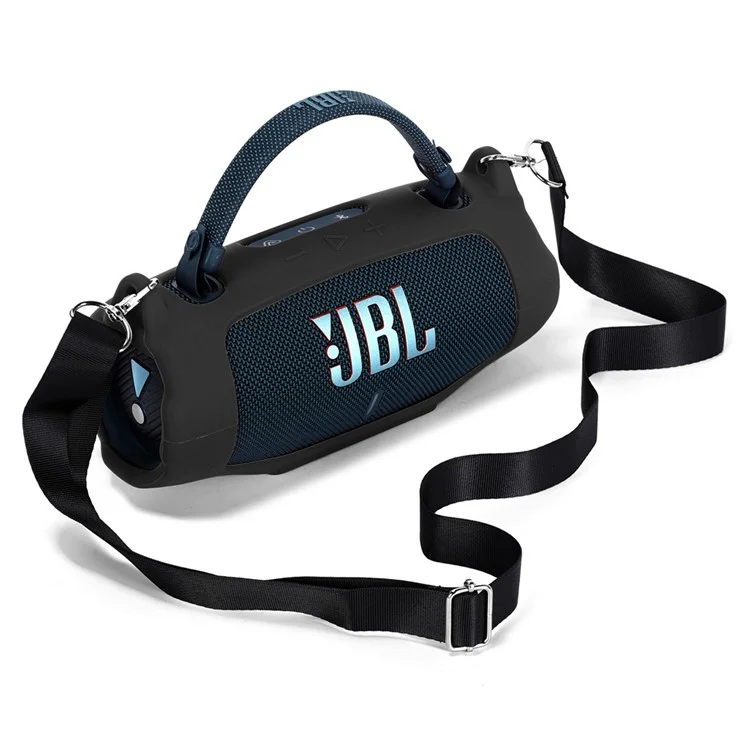 For JBL Charge 6 Soft Silicone Case Wireless Speaker Protective Cover with Shoulder Strap / Carabiner - Black