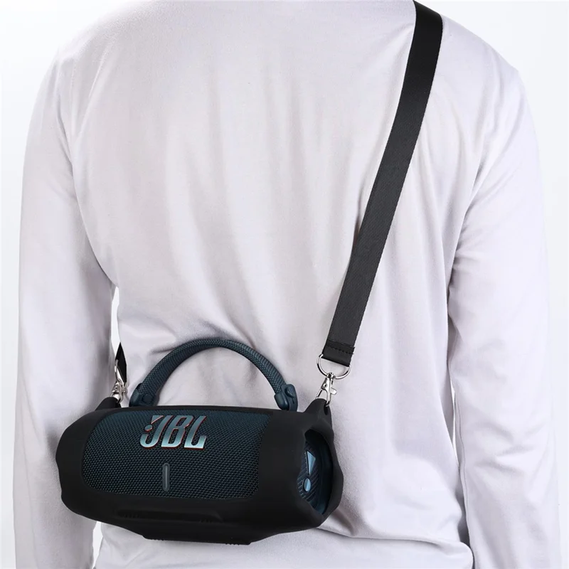 For JBL Charge 6 Soft Silicone Case Wireless Speaker Protective Cover with Shoulder Strap / Carabiner - Black
