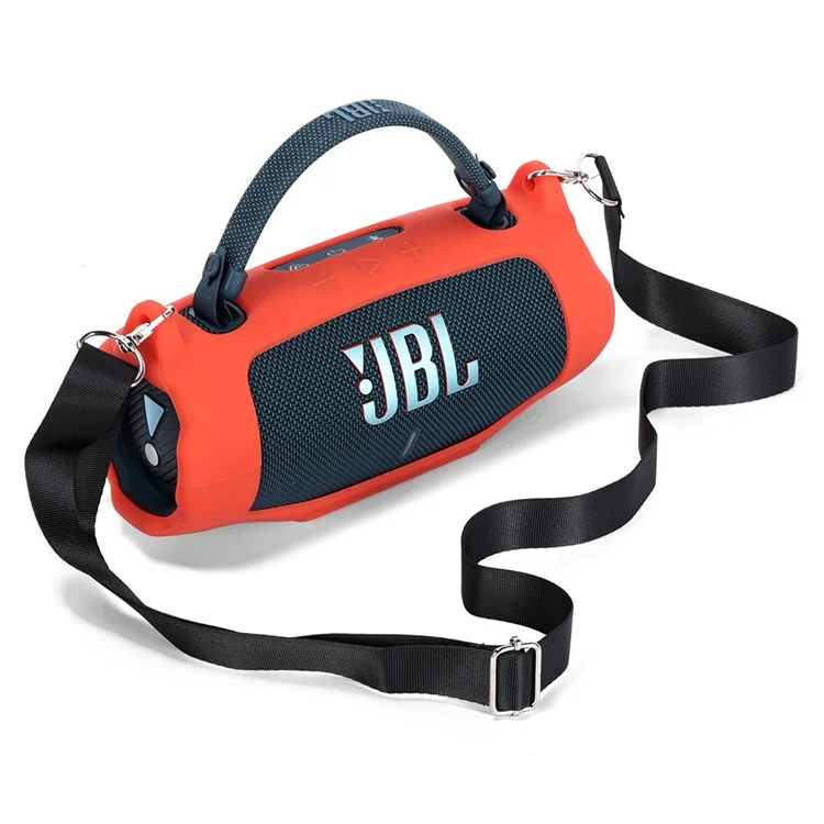 For JBL Charge 6 Soft Silicone Case Wireless Speaker Protective Cover with Shoulder Strap / Carabiner - Red