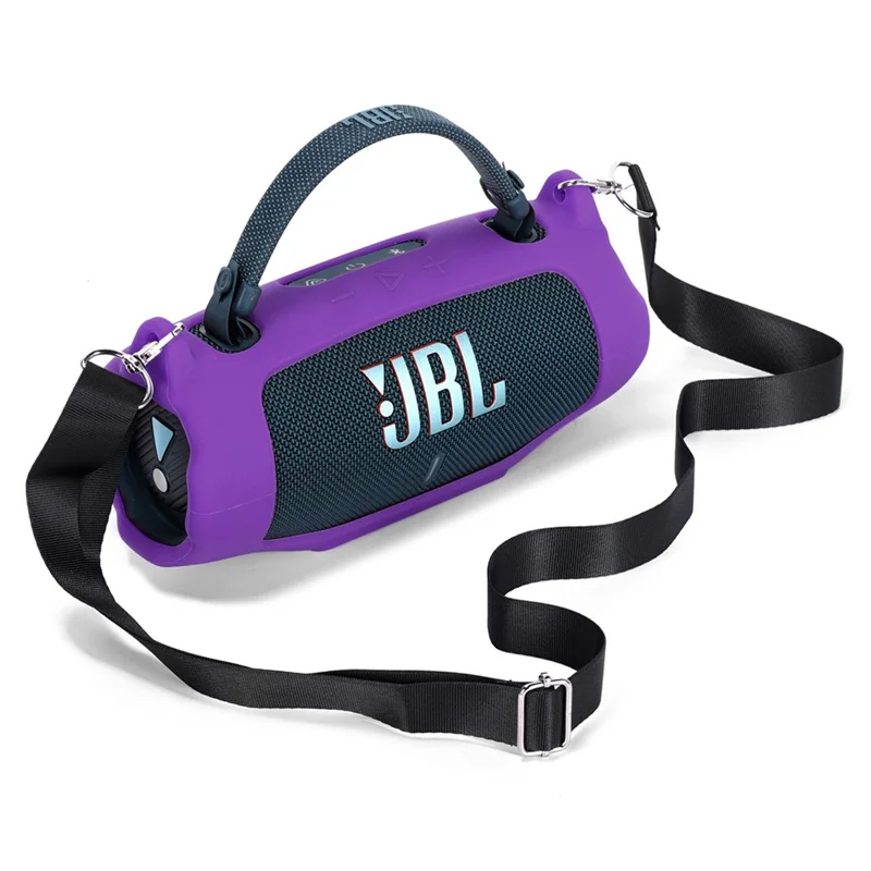 For JBL Charge 6 Soft Silicone Case Wireless Speaker Protective Cover with Shoulder Strap / Carabiner - Purple
