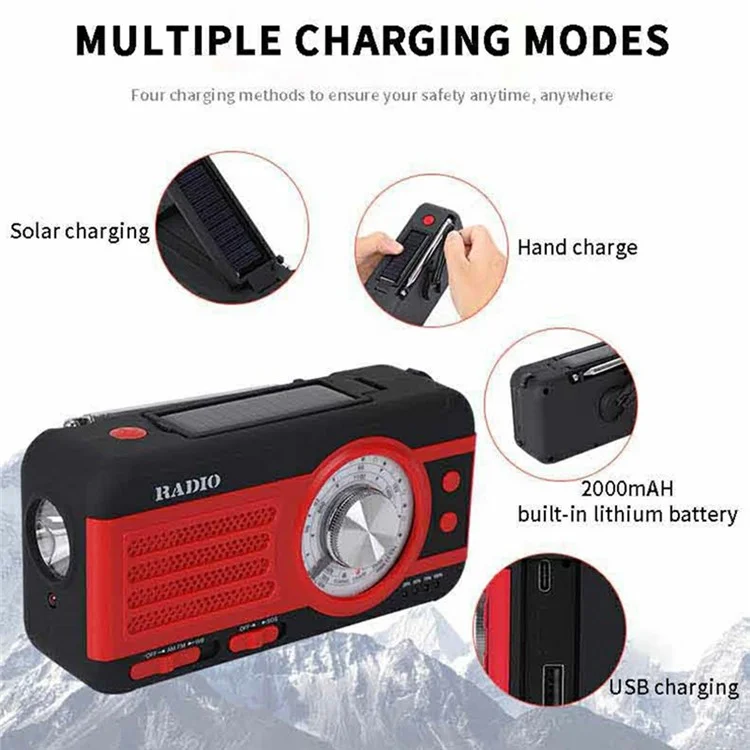 Rádio de Emergência Solar WB-1 com Manivela para Exteriores, Lanterna, Alerta Meteorológico SOS, Receptor AM / FM / WB - Branco