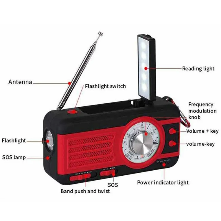 Rádio de Emergência Solar WB-1 com Manivela para Exteriores, Lanterna, Alerta Meteorológico SOS, Receptor AM / FM / WB - Branco
