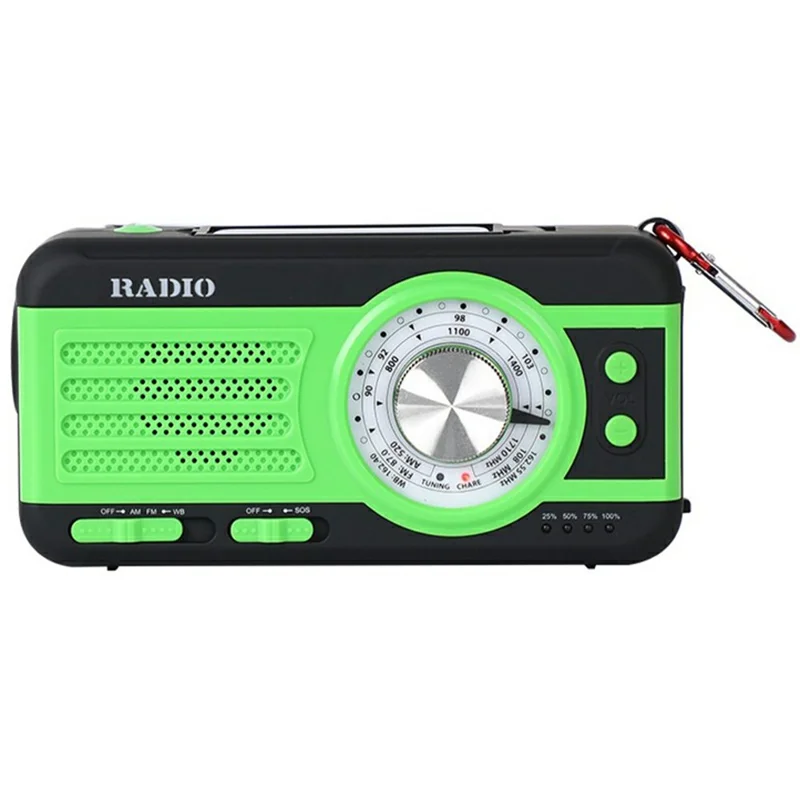 WB-1 Solar Powered Outdoor Emergency Hand Crank Radio with Flashlight SOS Weather Alert AM / FM / WB Receiver - Green